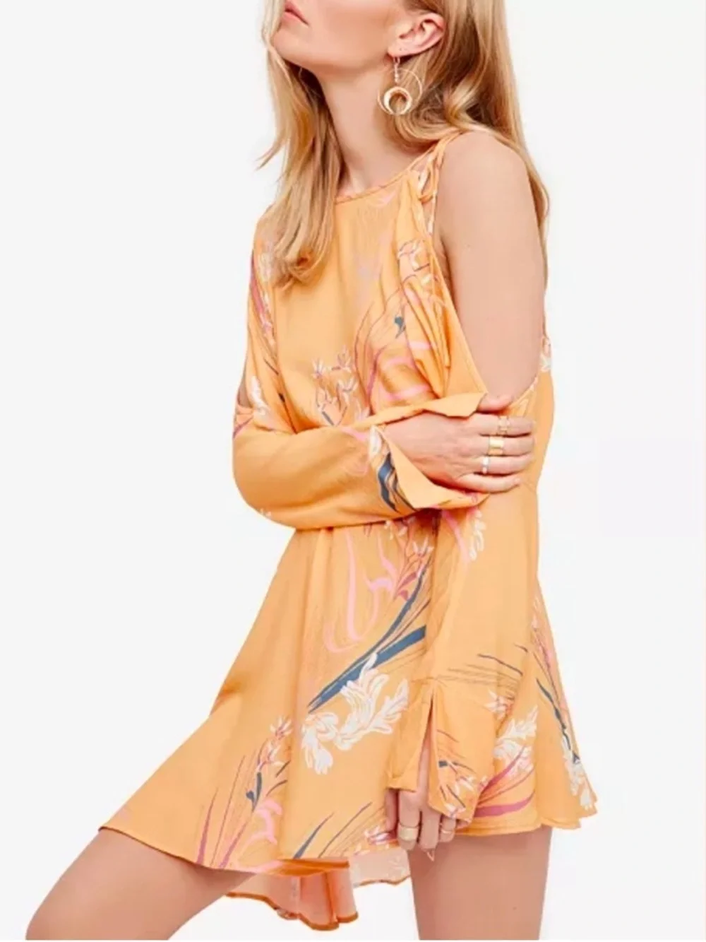 Free People Orange Floral Clear Skies Long Sleeve Mini Dress